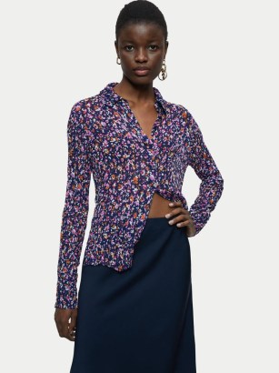 JIGSAW Abstract Floral Crinkled Shirt / womens navy flower print shirts