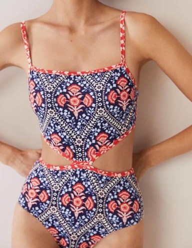 Boden Alba Cut-out Detail Swimsuit French Navy, Poppy Garden / dark blue and red floral cutout swimsuits / women’s elegant swimwear - flipped