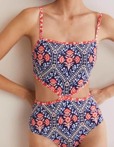Boden Alba Cut-out Detail Swimsuit French Navy, Poppy Garden / dark blue and red floral cutout swimsuits / women’s elegant swimwear