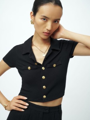 Reformation Aminara Knit Top Black | chic knitted fashion | short sleeved gold button detail tops - flipped