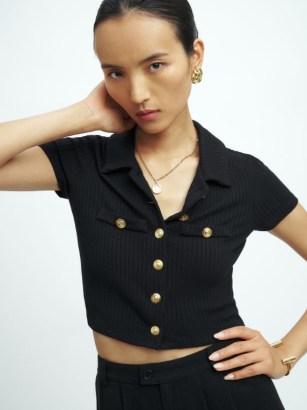 Reformation Aminara Knit Top Black | chic knitted fashion | short sleeved gold button detail tops