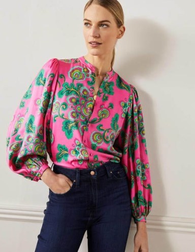 Boden Anna Blouson Sleeve Blouse Party Pink Wild Blooms / floral balloon sleeved blouses - flipped