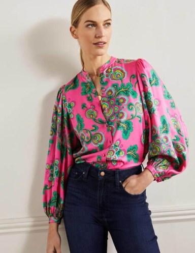 Boden Anna Blouson Sleeve Blouse Party Pink Wild Blooms / floral balloon sleeved blouses