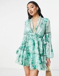 ASOS design lace insert mini dress with belt in stripe floral print