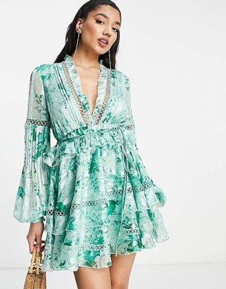 ASOS design lace insert mini dress with belt in stripe floral print - flipped