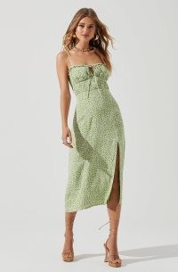 ASTR THE LABEL AVALEE DITSY FLORAL CUTOUT MIDI DRESS in GREEN / spaghetti shoulder strap summer clothes / split hem / ruffle trim / ruched bodice dresses