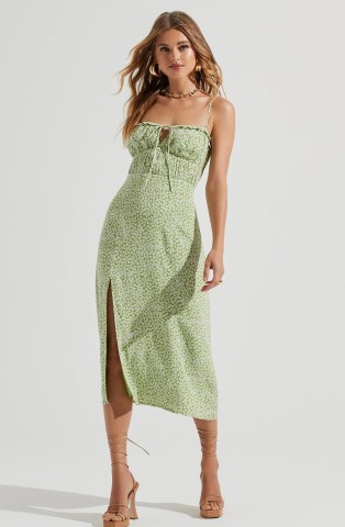 ASTR THE LABEL AVALEE DITSY FLORAL CUTOUT MIDI DRESS in GREEN / spaghetti shoulder strap summer clothes / split hem / ruffle trim / ruched bodice dresses - flipped