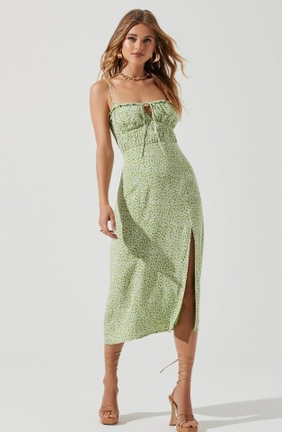 ASTR THE LABEL AVALEE DITSY FLORAL CUTOUT MIDI DRESS in GREEN / spaghetti shoulder strap summer clothes / split hem / ruffle trim / ruched bodice dresses