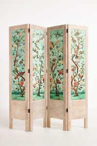 Havenview Upholstered Room Divider ~ painted wood tri-fold screen ~ beautiful home accessories ~ Anthropologie bedroom screens ~ floral and bird print dividers for bedrooms