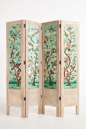 Havenview Upholstered Room Divider ~ painted wood tri-fold screen ~ beautiful home accessories ~ Anthropologie bedroom screens ~ floral and bird print dividers for bedrooms