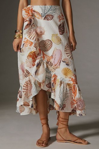 Maeve A-Line Wrap Midi Skirt ~ ruffle trim shell print skirts ~ ruffled summer fashion ~ sea inspired clothes - flipped
