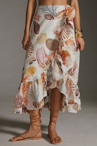 Maeve A-Line Wrap Midi Skirt ~ ruffle trim shell print skirts ~ ruffled summer fashion ~ sea inspired clothes