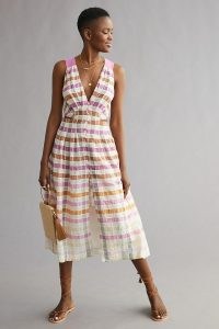 Maeve Ombre Plaid Midi Sundress in Pink Combo / sleeveless checked sundresses / women’s check print button down summer dress