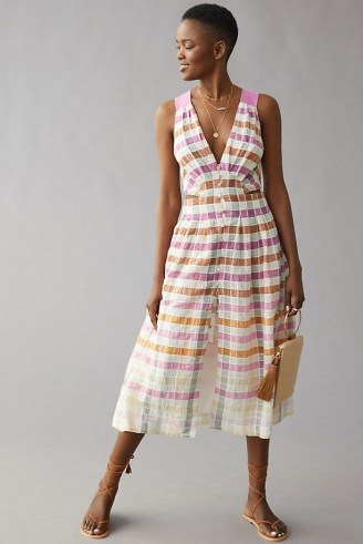Maeve Ombre Plaid Midi Sundress in Pink Combo / sleeveless checked sundresses / women’s check print button down summer dress - flipped