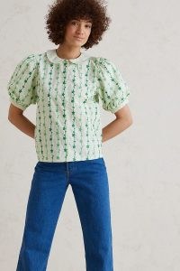 Resume Leanne Blouse in green / puff sleeved peter pan collar floral print blouses
