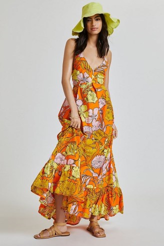 Plenty V-Neck Exploded Floral Maxi Dress | orange retro flower print summer dresses - flipped