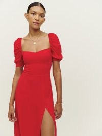 Reformation Bandit Dress in Cherry | red puff sleeved thigh high split hem dresses | sweetheart neckline | slit hemline