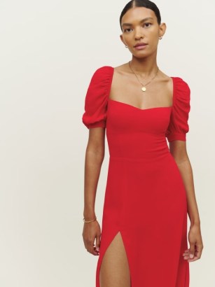 Reformation Bandit Dress in Cherry | red puff sleeved thigh high split hem dresses | sweetheart neckline | slit hemline - flipped