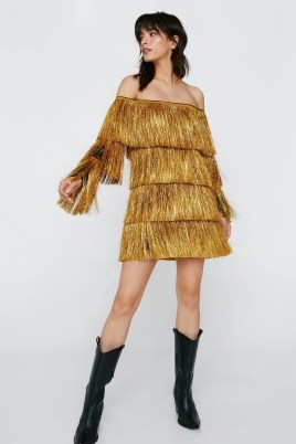 NASTY GAL Bardot Long Sleeve Tinsel Fringe Mini Dress Gold ~ shimmering fringed festival fashion ~ bardot party dresses ~ off the shoulder going out clothes - flipped