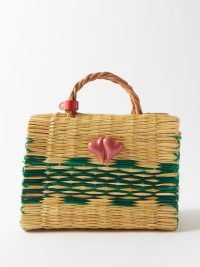 HEIMAT ATLANTICA Chacha medium porcelain heart rattan basket bag / summer top handle handbag / beige and green woven bags
