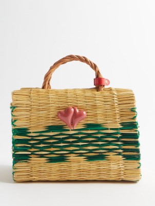 HEIMAT ATLANTICA Chacha medium porcelain heart rattan basket bag / summer top handle handbag / beige and green woven bags - flipped