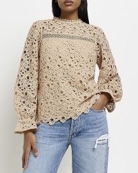 RIVER ISLAND BEIGE LACE BLOUSE ~ long sleeved cut out detail blouses ~ scalloped edge tops ~ semi sheer fashion