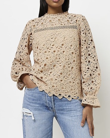 RIVER ISLAND BEIGE LACE BLOUSE ~ long sleeved cut out detail blouses ~ scalloped edge tops ~ semi sheer fashion - flipped