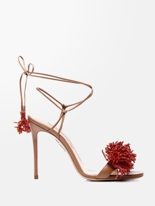 AQUAZZURA Panarea 105 beaded leather sandals / beige barely there stiletto heels / bead embellished high heel evening shoes - flipped