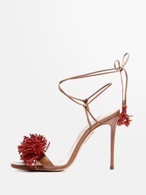 AQUAZZURA Panarea 105 beaded leather sandals / beige barely there stiletto heels / bead embellished high heel evening shoes
