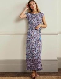 Boden Belted Jersey Midi Dress Dusty Blue Oriental Meadow / elegant floral print tie waist cap sleeve dresses
