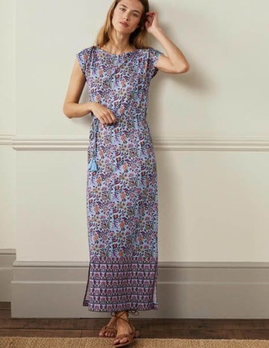 Boden Belted Jersey Midi Dress Dusty Blue Oriental Meadow / elegant floral print tie waist cap sleeve dresses - flipped