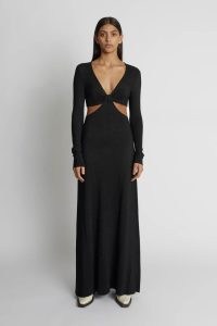 CAMILLA AND MARC Alvar V Neck Knit Black Dress – long sleeved plunge front cut out detail maxi dresses – elegant cutout clothes