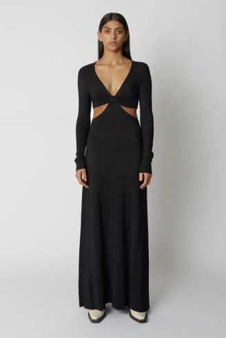 CAMILLA AND MARC Alvar V Neck Knit Black Dress – long sleeved plunge front cut out detail maxi dresses – elegant cutout clothes - flipped