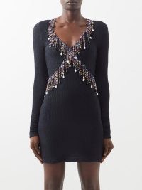 CHRISTOPHER KANE Beaded cloqué-effect mini dress ~ bead embellished LBD ~ black fringed long sleeved evening dresses