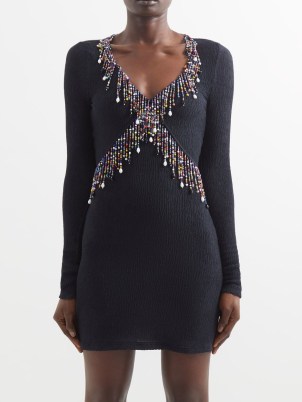 CHRISTOPHER KANE Beaded cloqué-effect mini dress ~ bead embellished LBD ~ black fringed long sleeved evening dresses - flipped