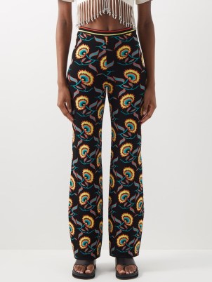 PACO RABANNE Floral-jacquard knitted trousers ~ women’s black flower print pants