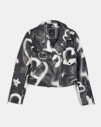 RIVER ISLAND BLACK GRAFFITI FAUX LEATHER BIKER JACKER / women’s casual zip detail jackets