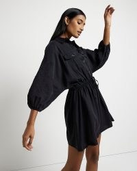 RIVER ISLAND BLACK LACE DETAIL MINI SHIRT DRESS ~ collared drawstring waist dresses