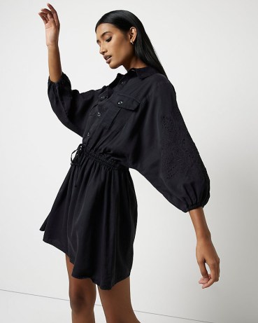RIVER ISLAND BLACK LACE DETAIL MINI SHIRT DRESS ~ collared drawstring waist dresses - flipped