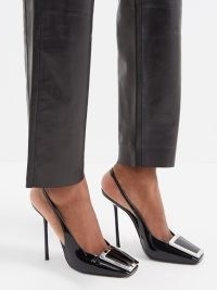 SAINT LAURENT Maxine 115 patent-leather slingback pumps ~ shiny black square toe slingbacks ~ skinny stiletto heels ~ glossy square toe high heel shoes