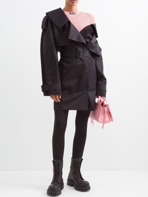 BALENCIAGA Off-shoulder cotton-twill trench coat | women’s contemporary black belted asymmetric coats - flipped