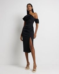 River Island BLACK ONE SHOULDER BODYCON MIDI DRESS | asymmetric LBD | high split hem evening dresses