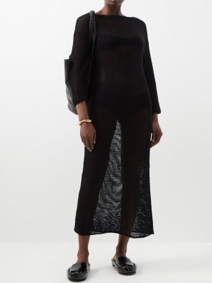 KHAITE Opal open-knit cotton-blend maxi dress | sheer black slouchy style dresses | women’s minimalist knitted clothes | womens no fuss fashion - flipped