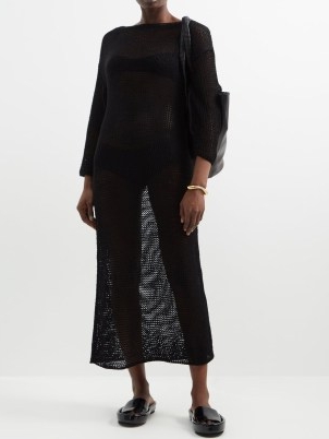 KHAITE Opal open-knit cotton-blend maxi dress | sheer black slouchy style dresses | women’s minimalist knitted clothes | womens no fuss fashion