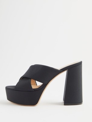 GIANVITO ROSSI 70 satin platform mules | black block heel platforms | chunky retro mule sandals | 70s style high heels
