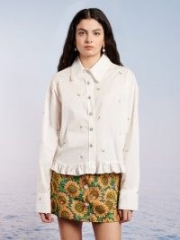 sister jane Coastland Petal Ruffle Shirt – white cotton floral embroidered curved hem shirts – ruffled fashion