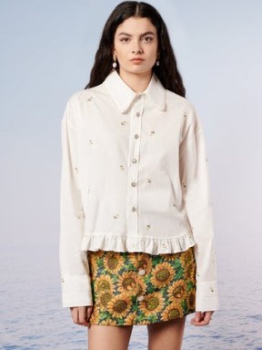 sister jane Coastland Petal Ruffle Shirt – white cotton floral embroidered curved hem shirts – ruffled fashion - flipped