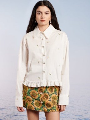 sister jane Coastland Petal Ruffle Shirt – white cotton floral embroidered curved hem shirts – ruffled fashion
