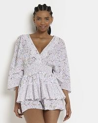 RIVER ISLAND BLUE FLORAL LACE TRIM PLAYSUIT / women’s wide angel sleeve playsuits