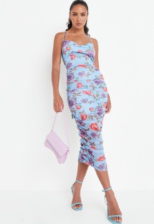 MISSGUIDED blue floral print tie strap mesh midaxi dress ~ strappy back side ruched going out evening dresses ~ fab date night look ~ party fashion - flipped